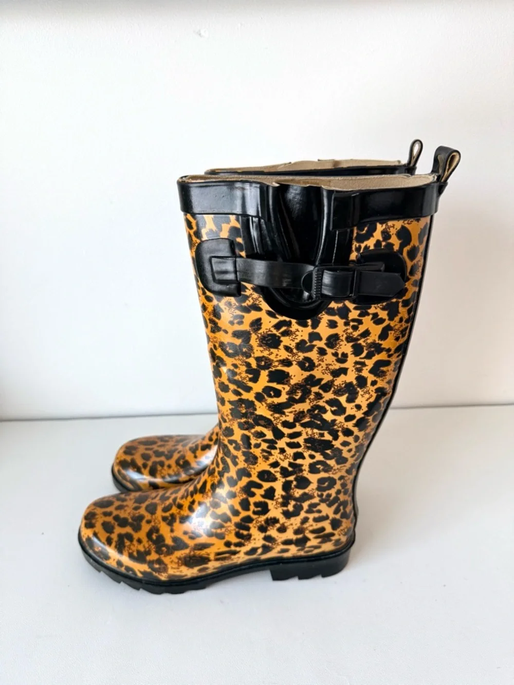 Capelli New York Ladies Shiny Leopard Print Tall Rain Boot Adjustable Calf 6 - Picture 7 of 11